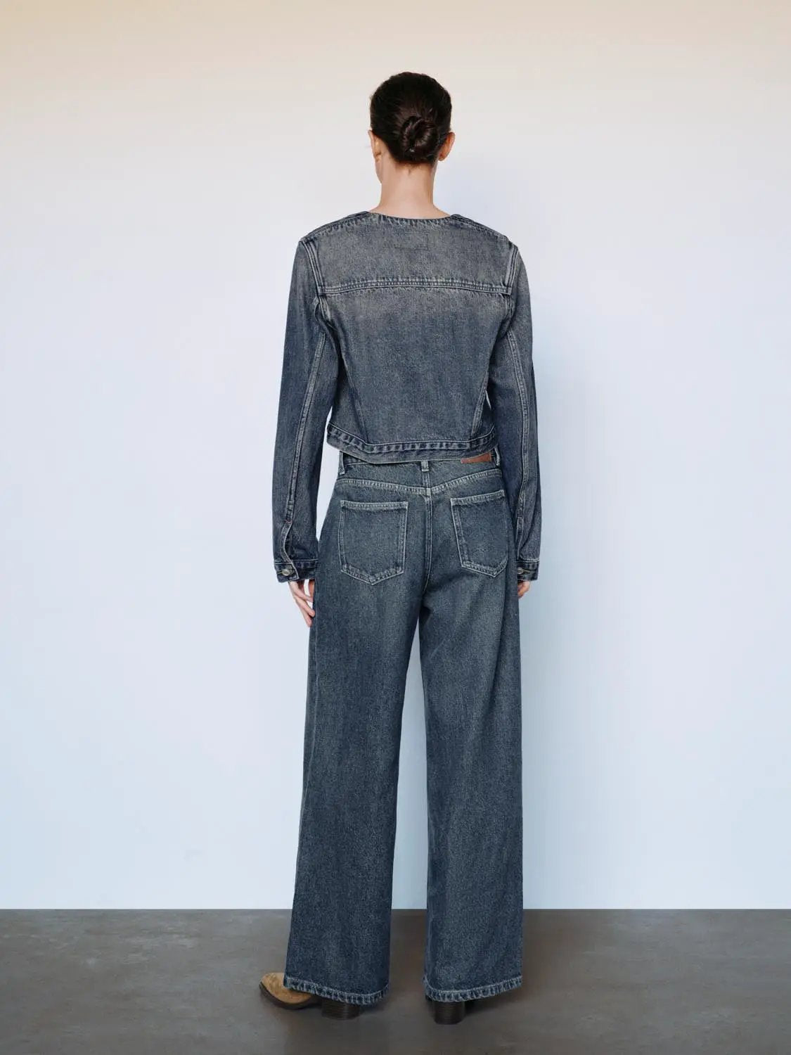 Square Neck Long Sleeve Cotton Denim Jacket