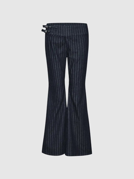 Wash Pinstripe Side Strap Wide-leg Jeans