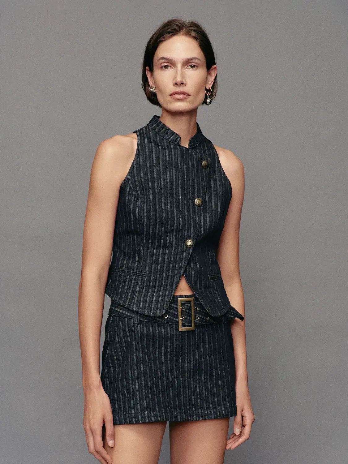 Striped Button Front Sleeveless Cotton Blend Vest