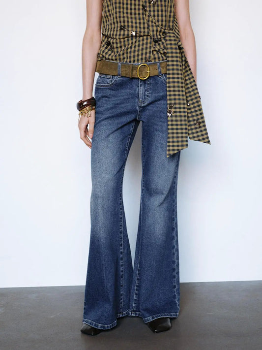 Medium-wash Flared Mid-rise Cotton Blend Jeans