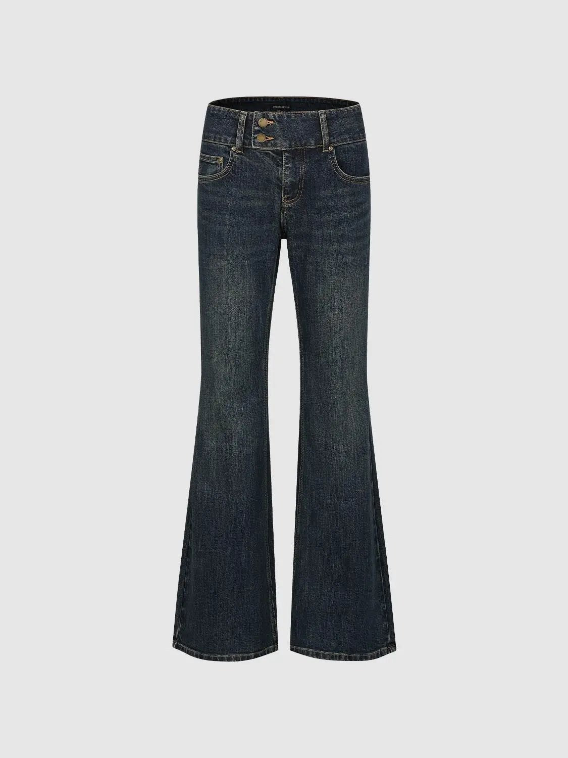 Mid-rise Button Front Flared Dark Wash Cotton Stretch Jeans