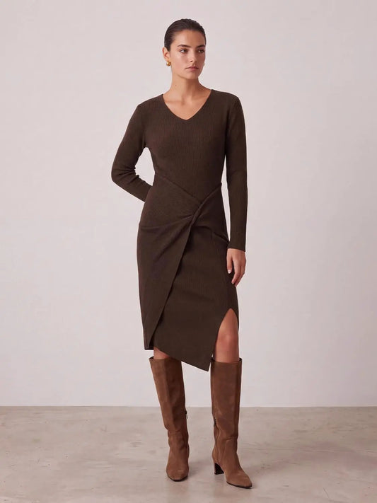 Knot Front Slim Fit Long Sleeve Midi Dresses