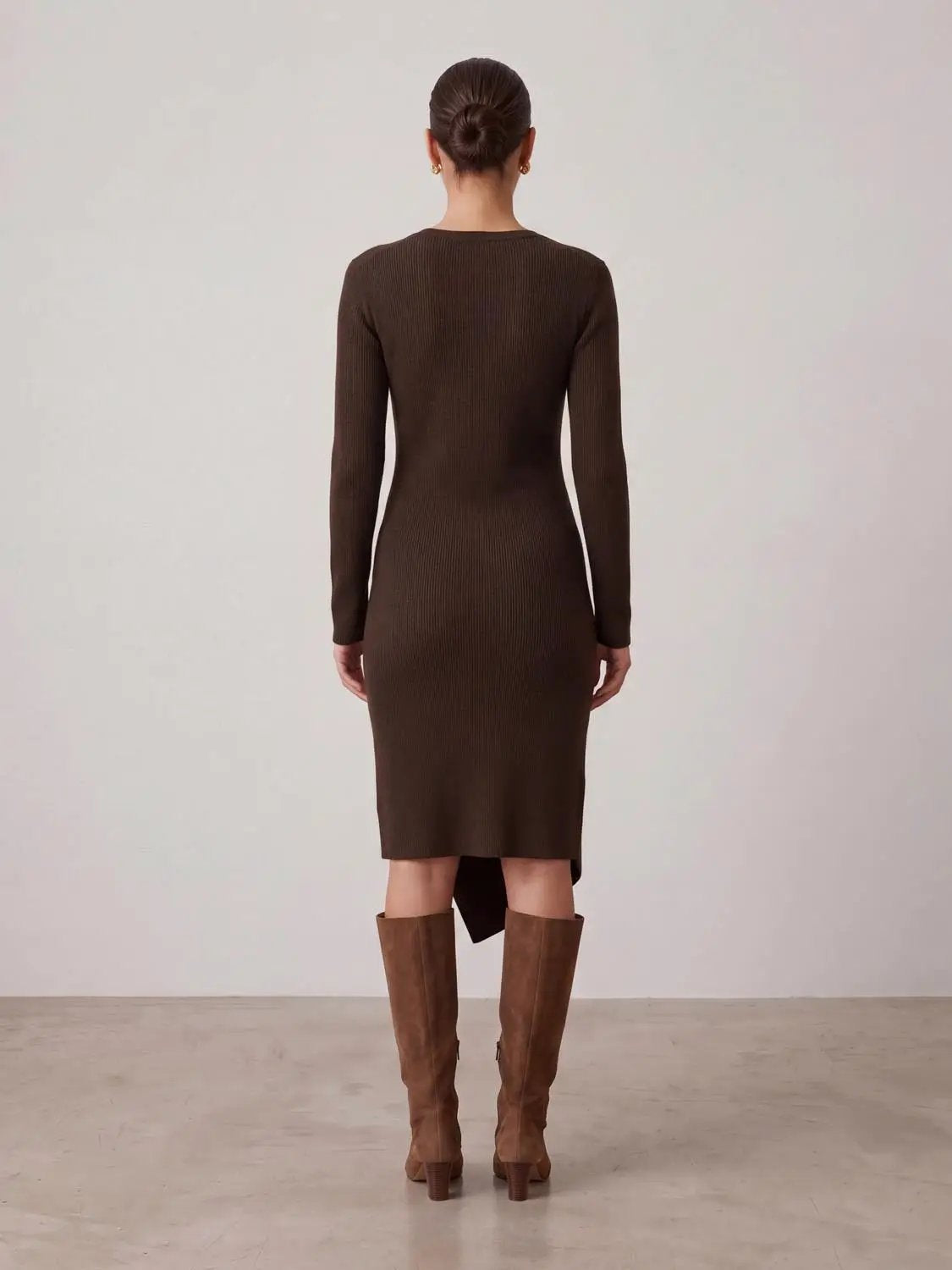 Knot Front Slim Fit Long Sleeve Midi Dresses