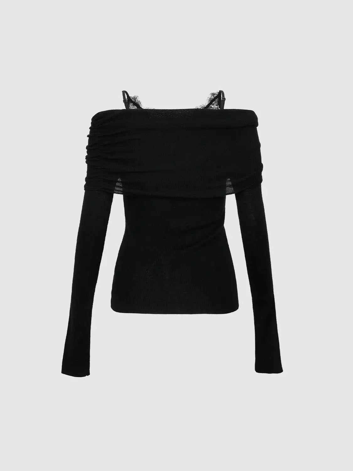 Off-Shoulder Lace Detail Long Sleeve Knit T-shirt