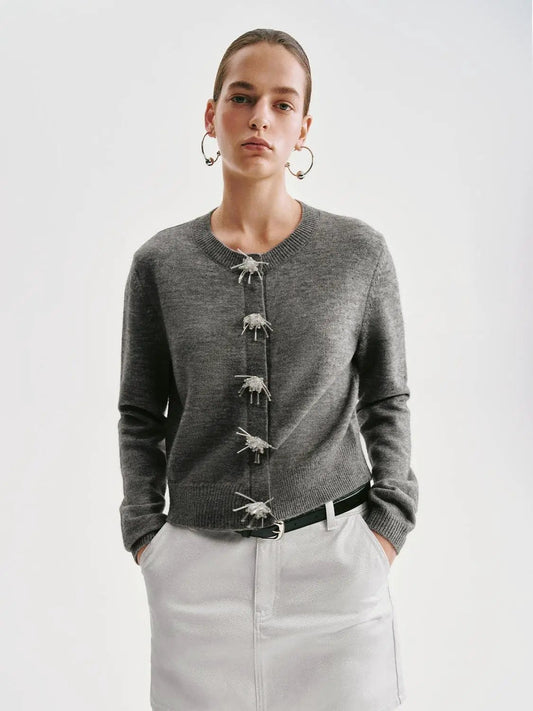Knitted Embellished Button Front Long Sleeve Cardigan