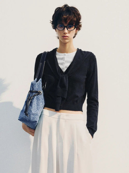 Ribbed Shawl Tie Front Long Sleeve Knit Top