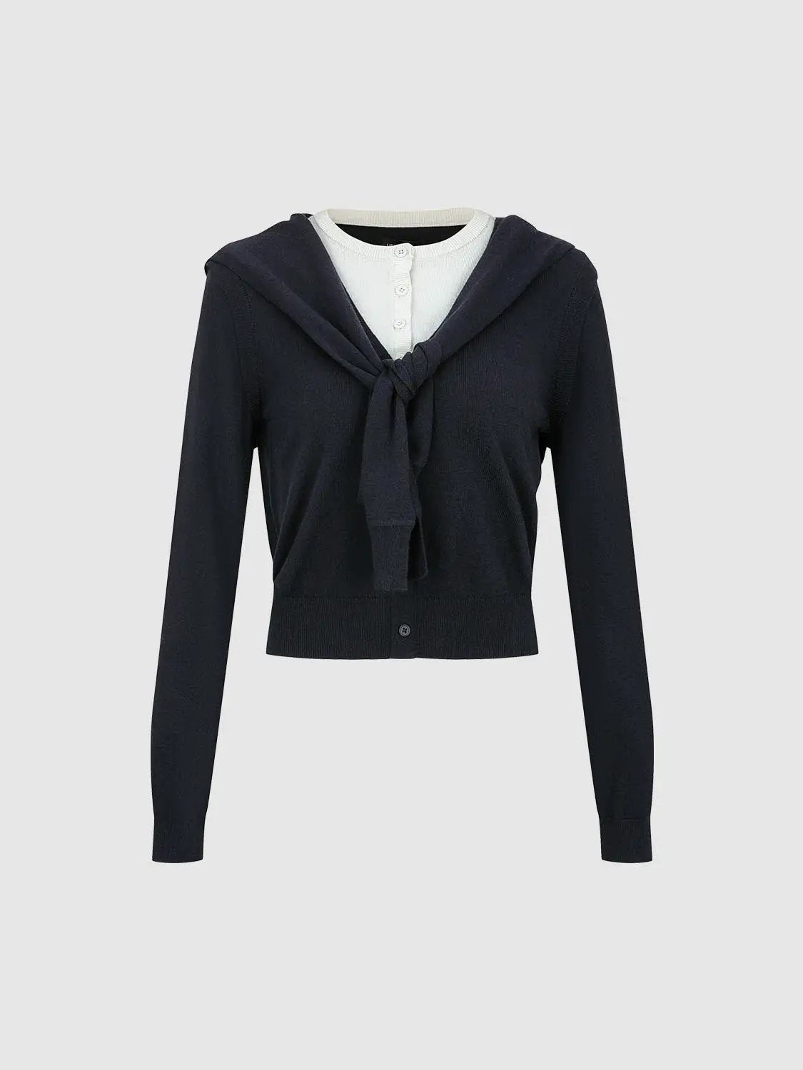 Ribbed Shawl Tie Front Long Sleeve Knit Top
