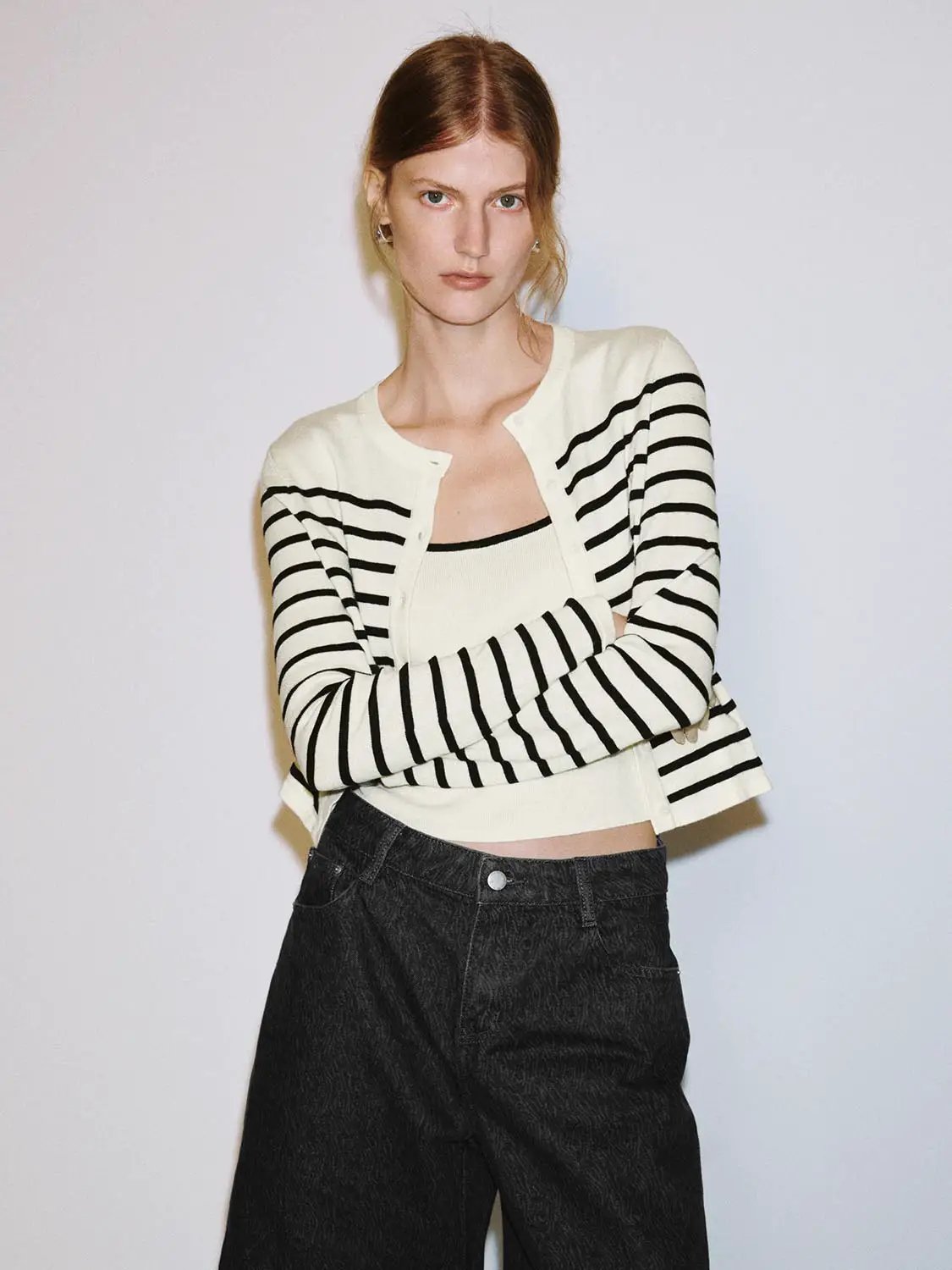 Striped Crew Neck Long Sleeve Ribbed Knit Cardigan