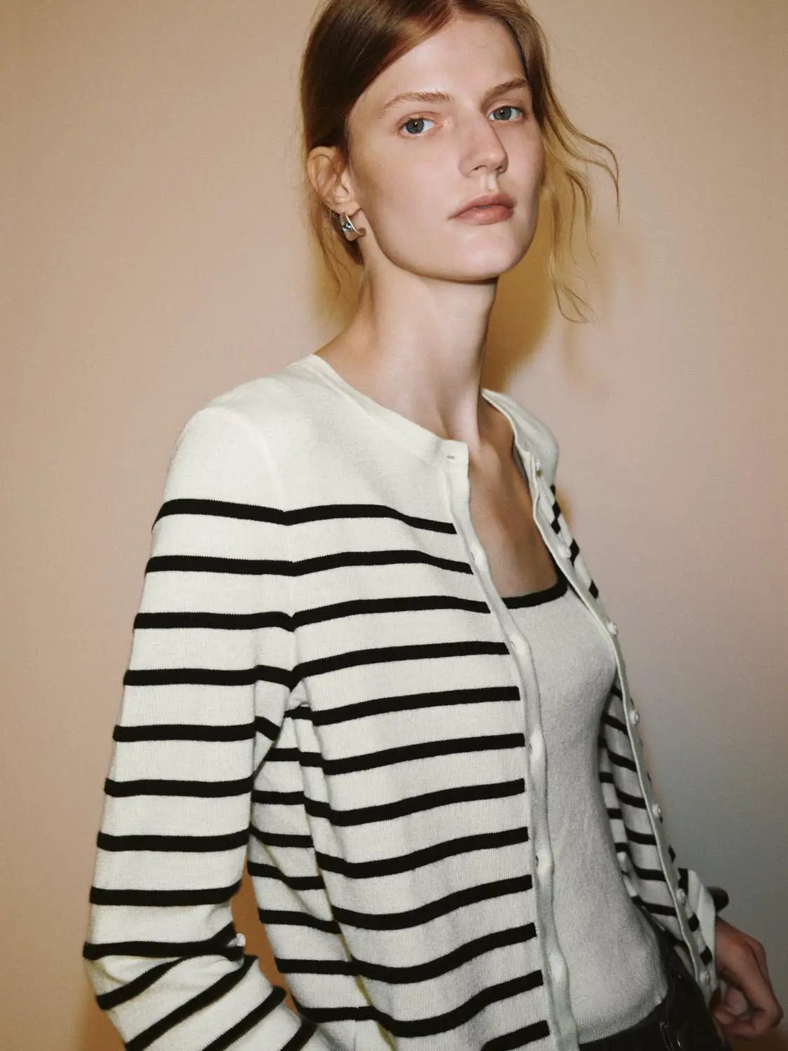 Striped Crew Neck Long Sleeve Ribbed Knit Cardigan