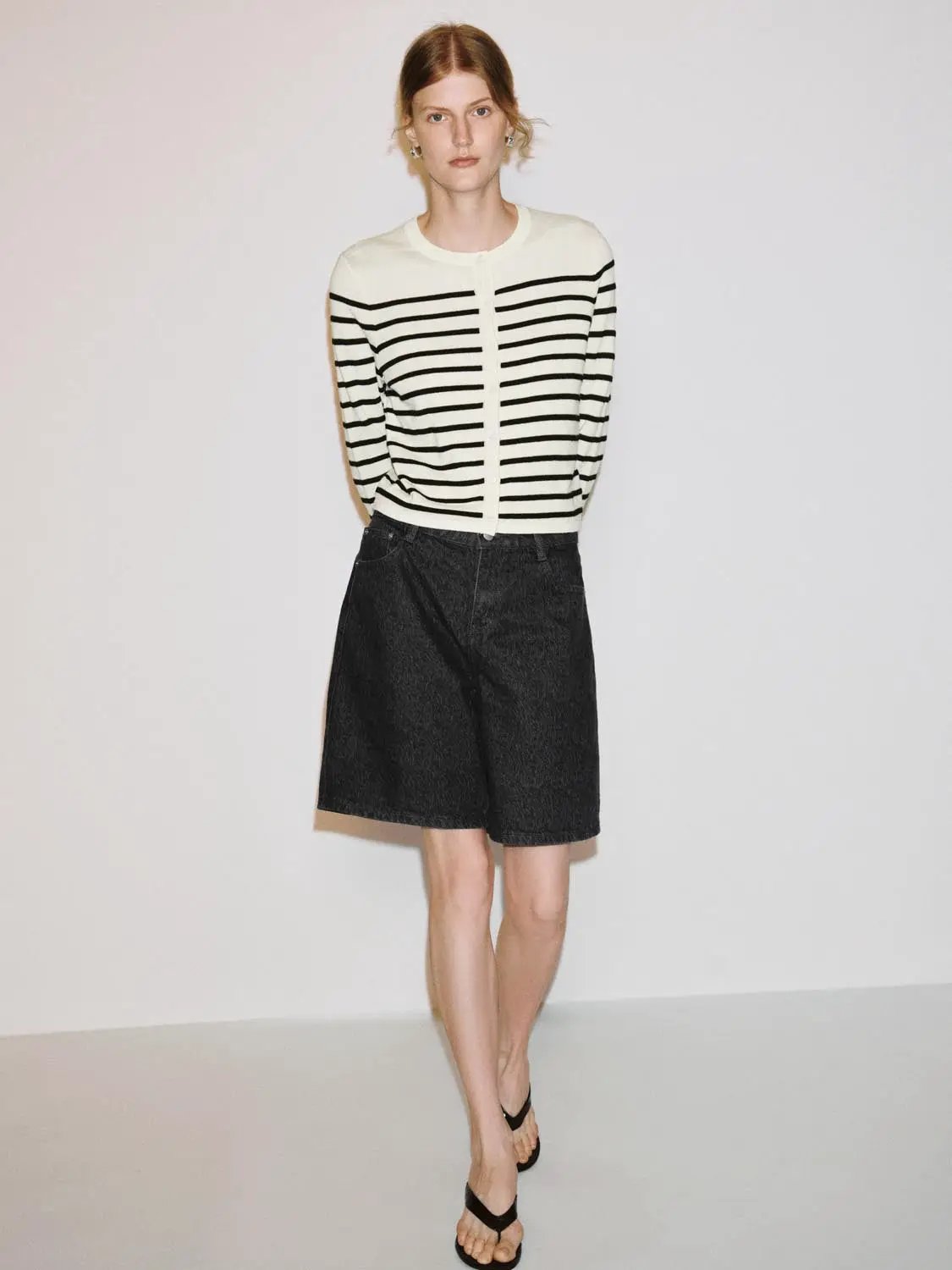 Striped Crew Neck Long Sleeve Ribbed Knit Cardigan