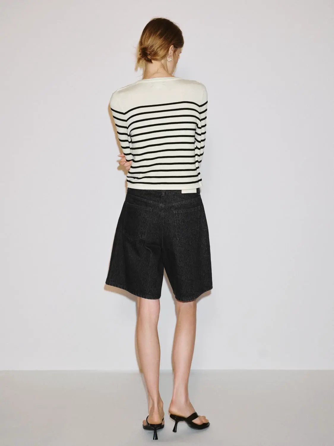 Striped Crew Neck Long Sleeve Ribbed Knit Cardigan