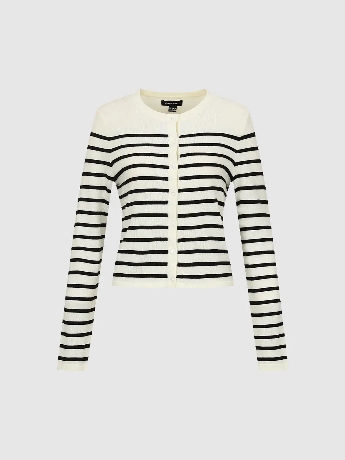 Striped Crew Neck Long Sleeve Ribbed Knit Cardigan
