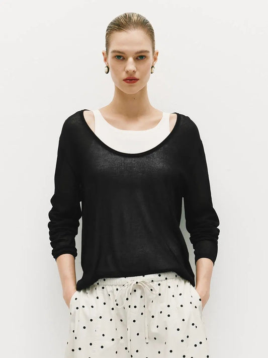 Oversized Boat Neck Long Sleeve Knit T-Shirt
