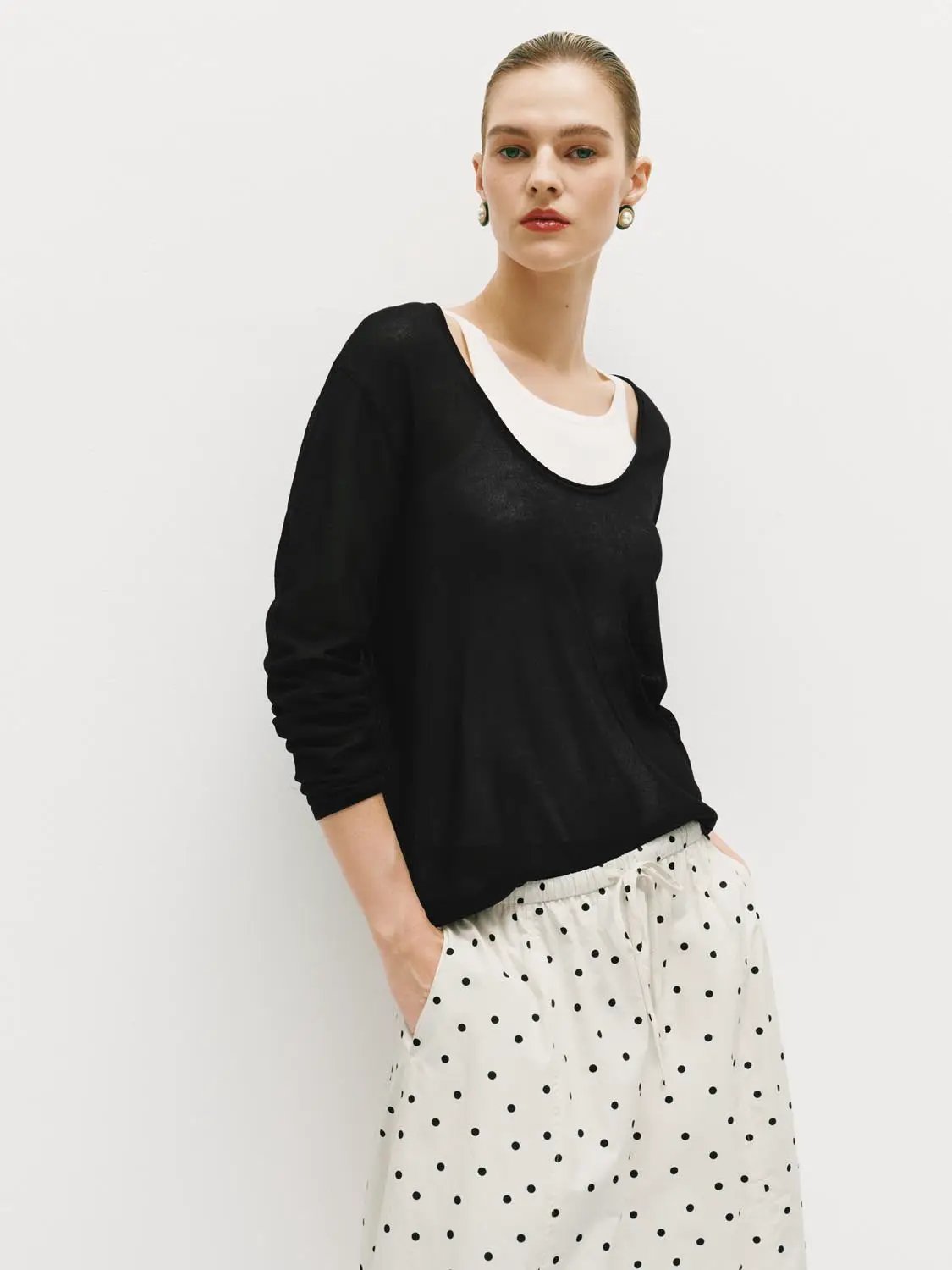 Oversized Boat Neck Long Sleeve Knit T-Shirt