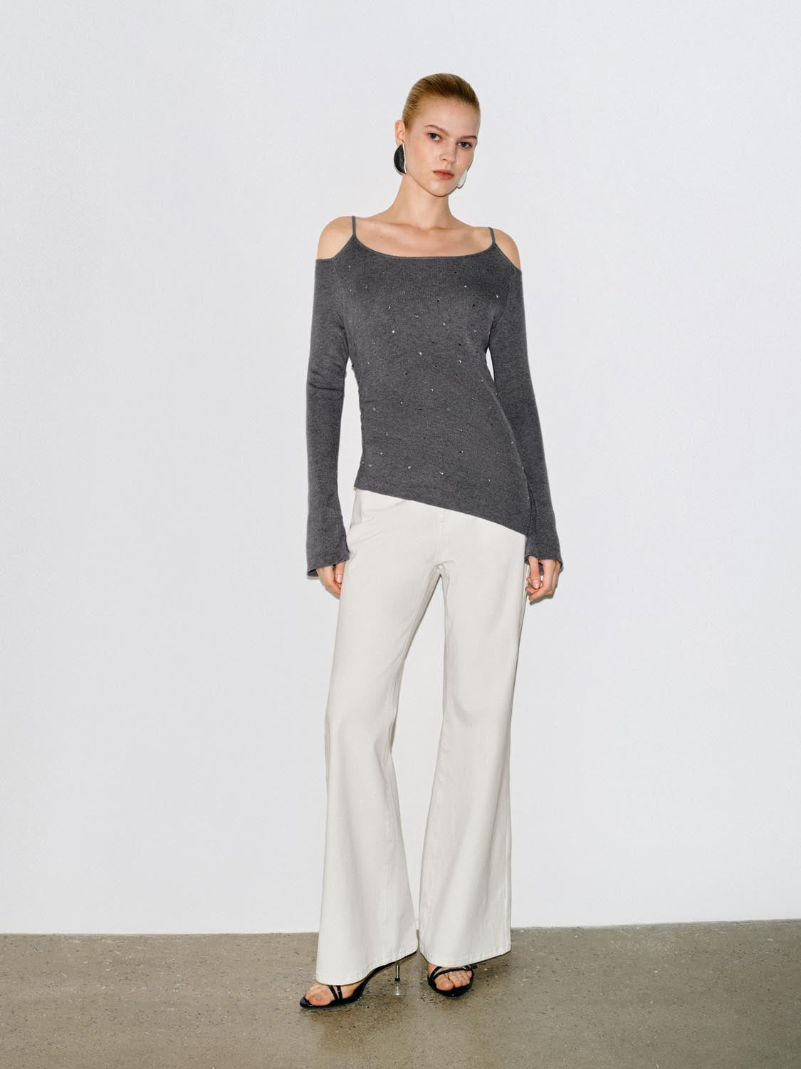 Embellished Ribbed Asymmetric Hem Long Sleeve Knit Top