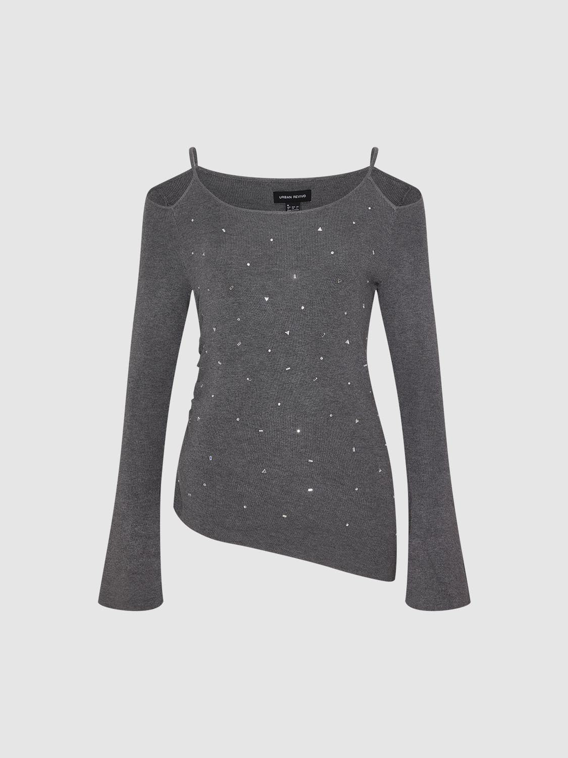 Embellished Ribbed Asymmetric Hem Long Sleeve Knit Top