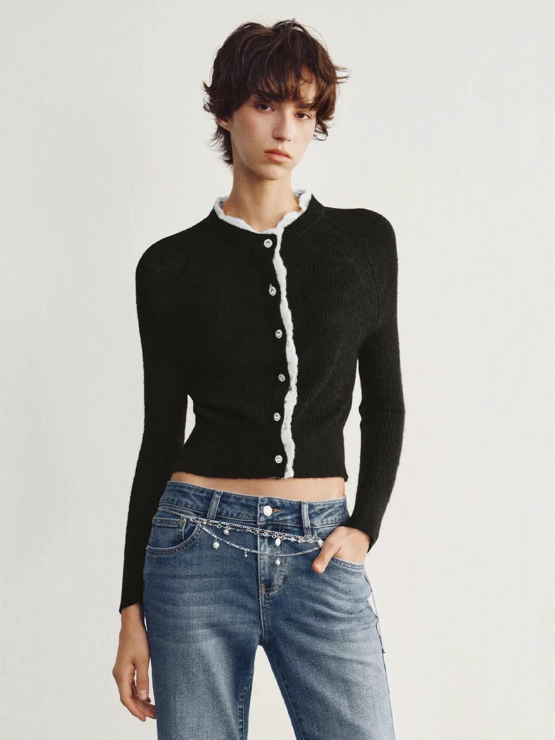 Ruffled Long Sleeve Ribbed Cropped Knit Cardigan