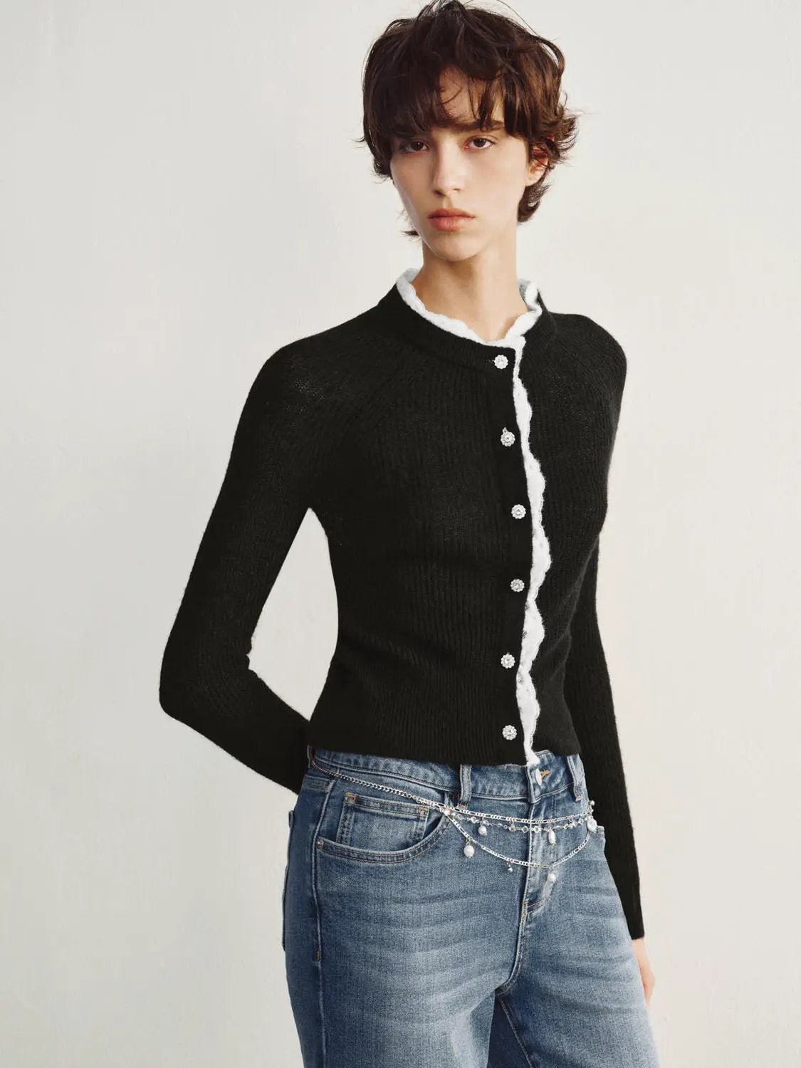 Ruffled Long Sleeve Ribbed Cropped Knit Cardigan