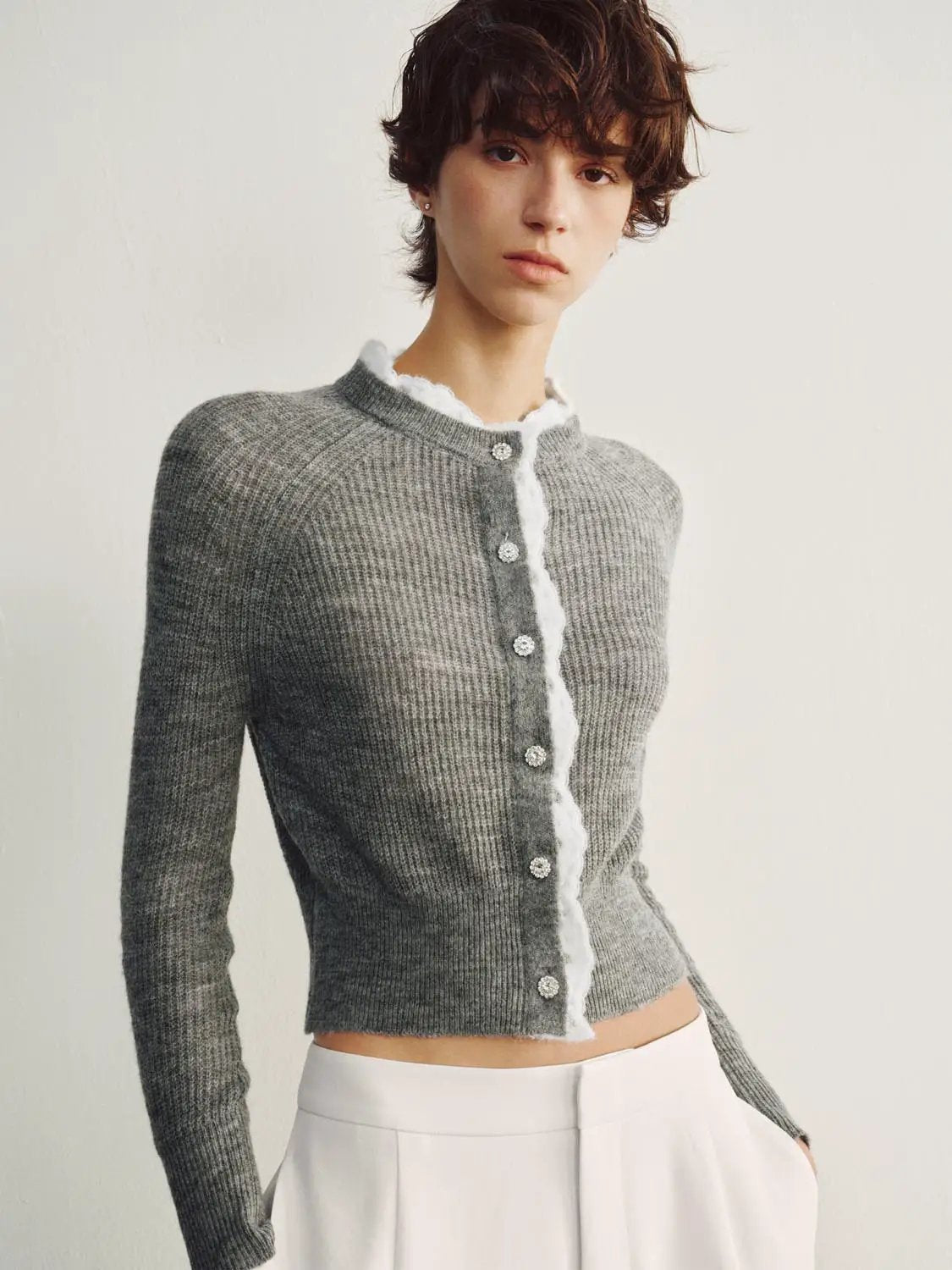 Ruffled Long Sleeve Ribbed Cropped Knit Cardigan
