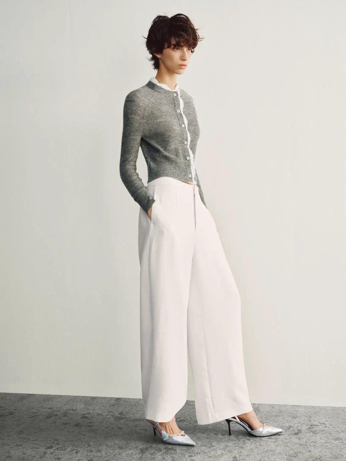 Ruffled Long Sleeve Ribbed Cropped Knit Cardigan