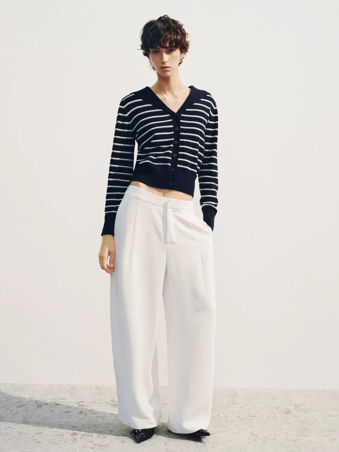 Striped Ribbed Long Sleeve V-neck Knit Cardigan