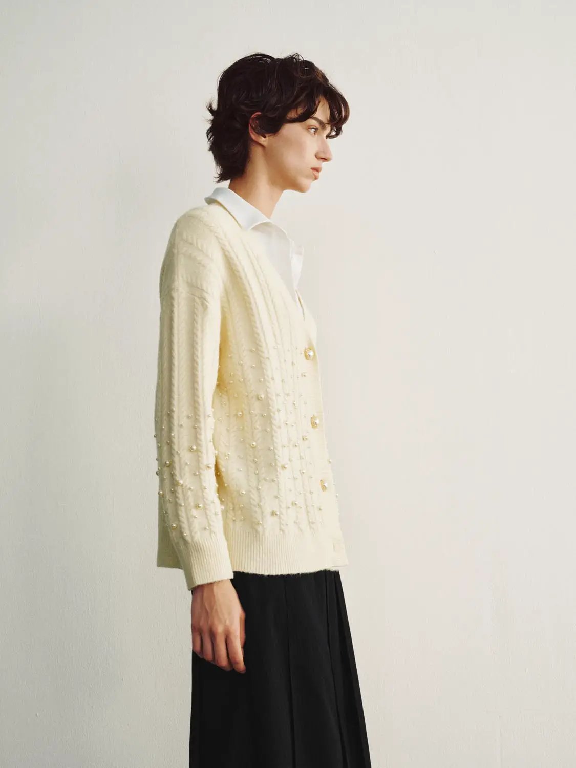Cable Knit Pearl Embellished Long Sleeve Cardigan
