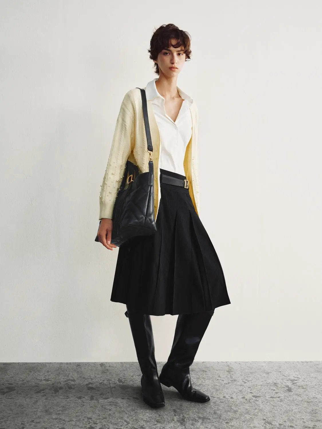 Cable Knit Pearl Embellished Long Sleeve Cardigan