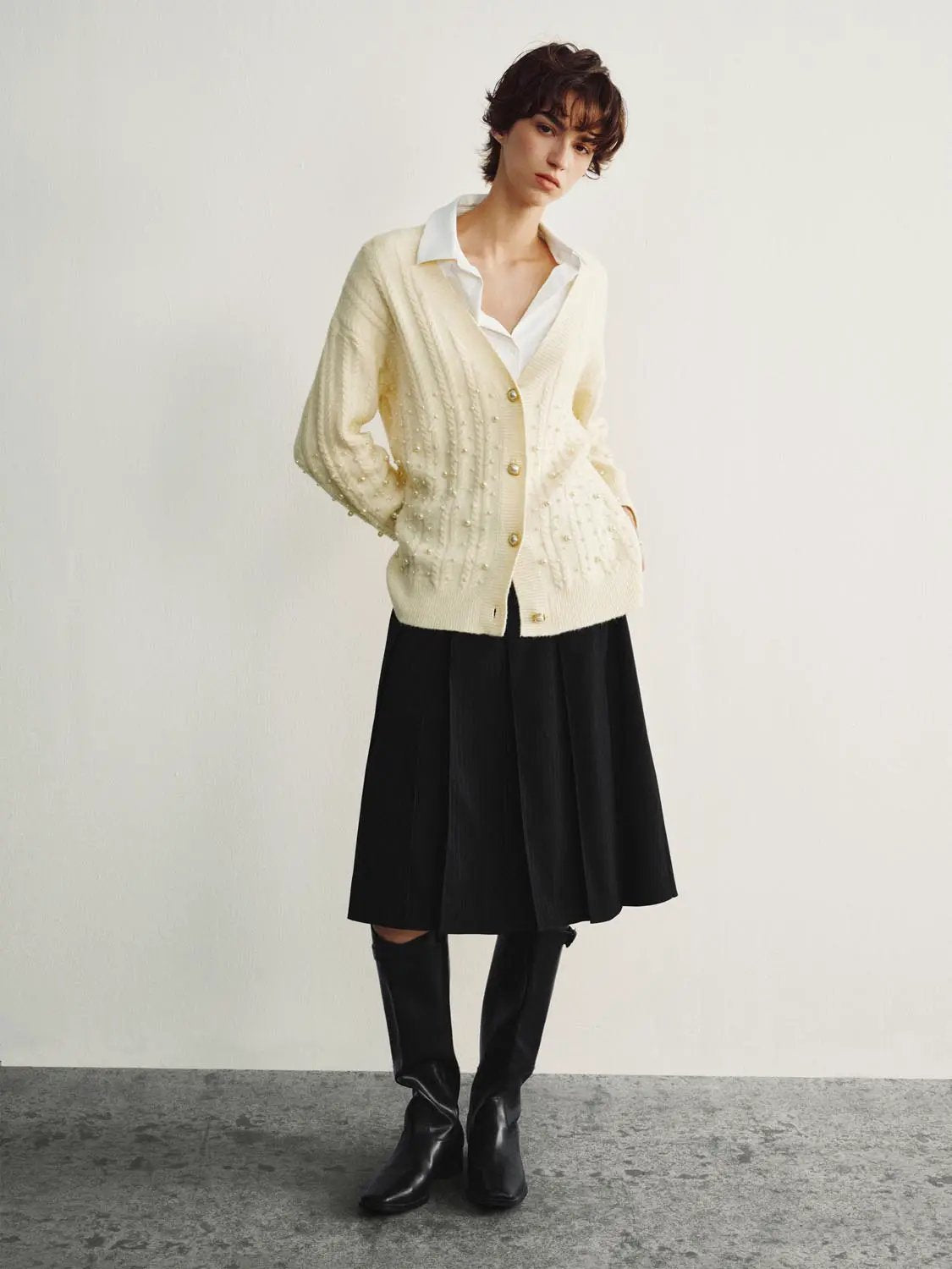 Cable Knit Pearl Embellished Long Sleeve Cardigan