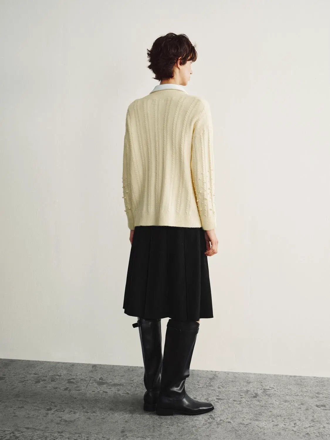 Cable Knit Pearl Embellished Long Sleeve Cardigan