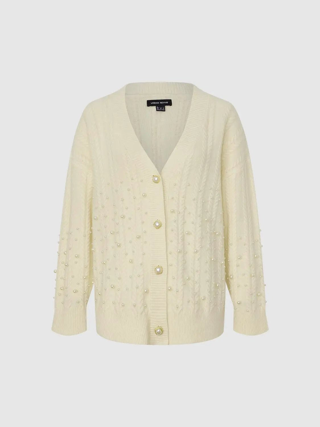 Cable Knit Pearl Embellished Long Sleeve Cardigan