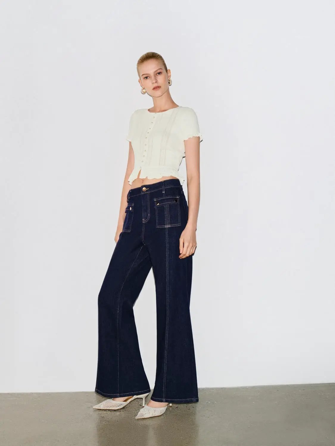 Crochet Lace Hem Knit Button Front Shirt