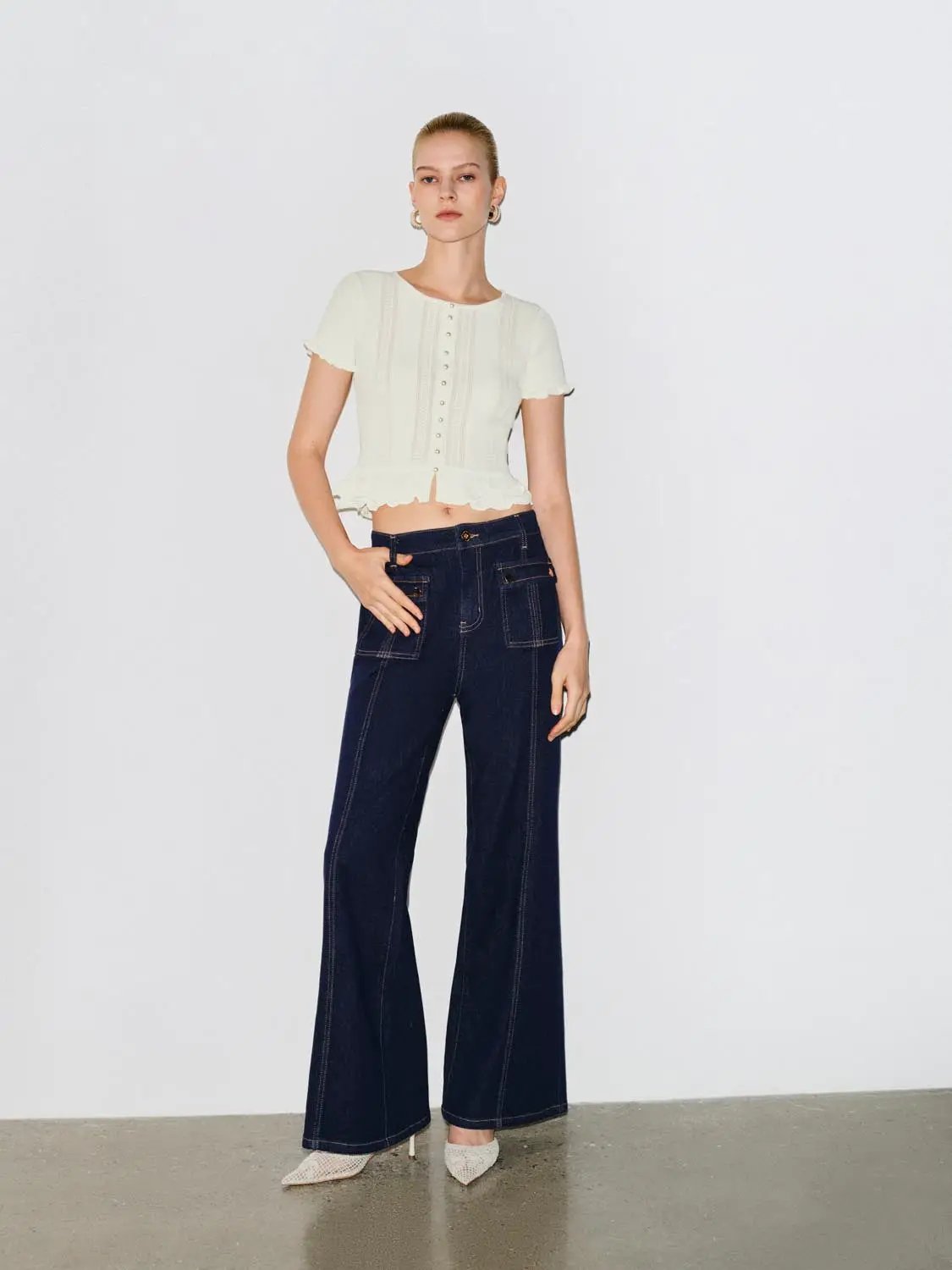 Crochet Lace Hem Knit Button Front Shirt