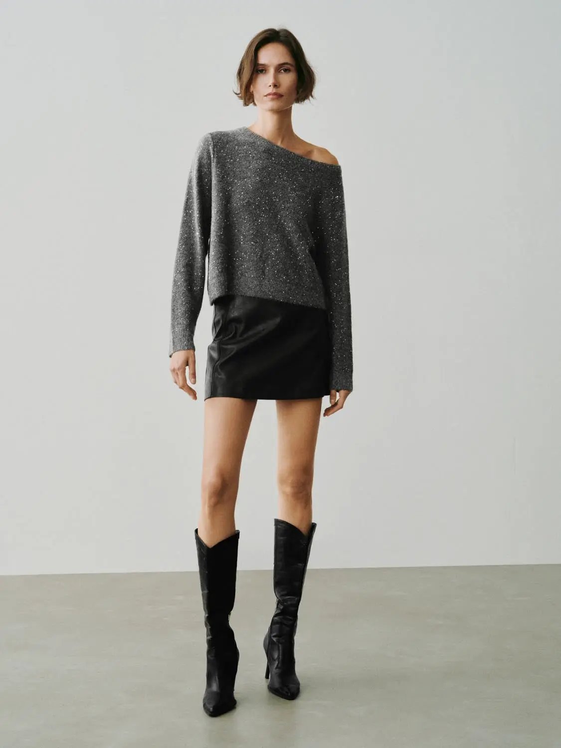 One-Shoulder Metallic Ribbed Long Sleeve Sweater