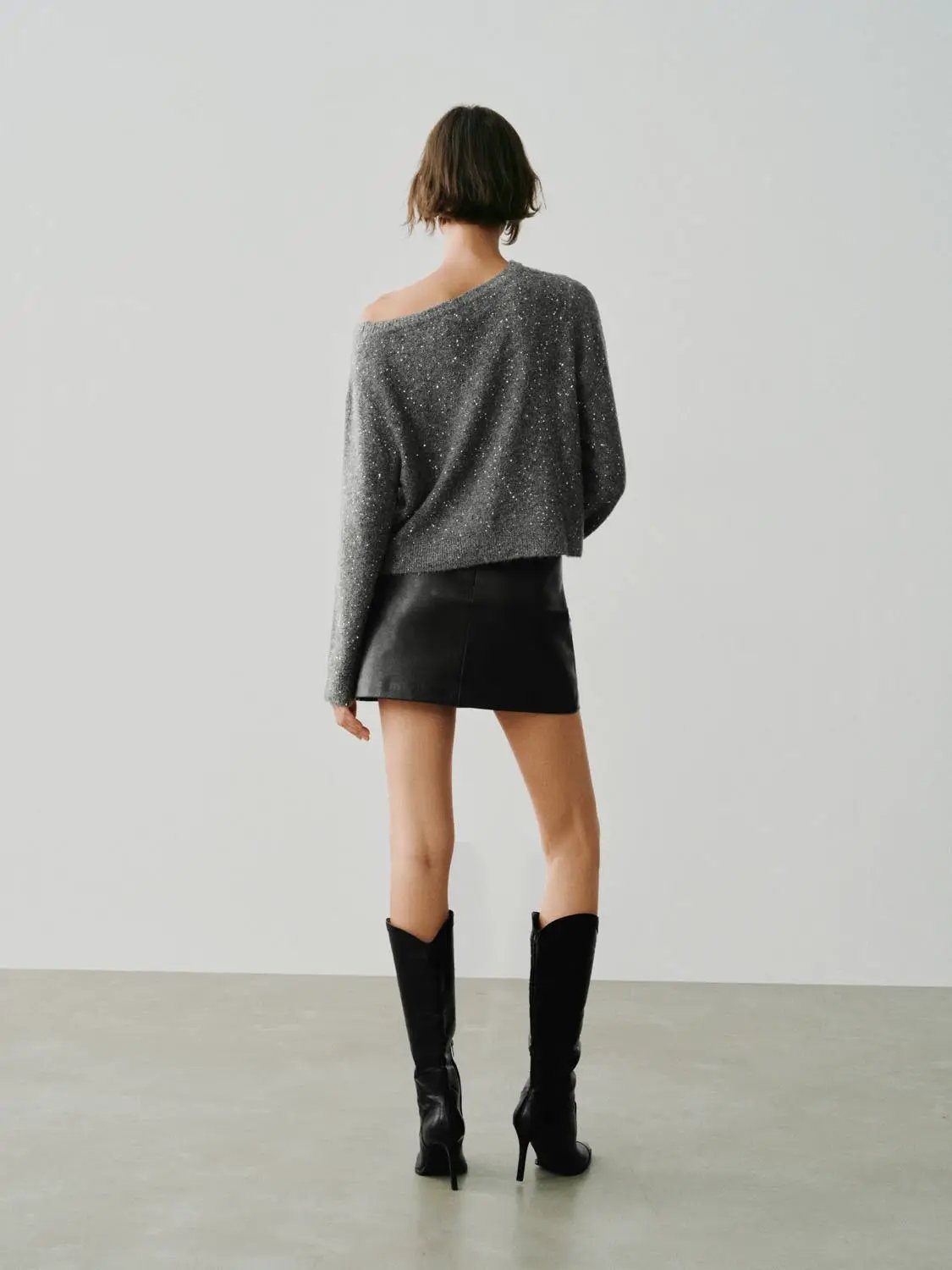 One-Shoulder Metallic Ribbed Long Sleeve Sweater