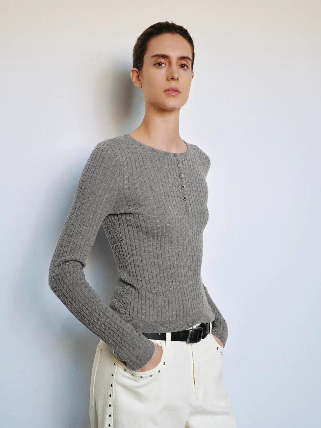 Ribbed Button Placket Crew Neck Fitted Long Sleeve Top