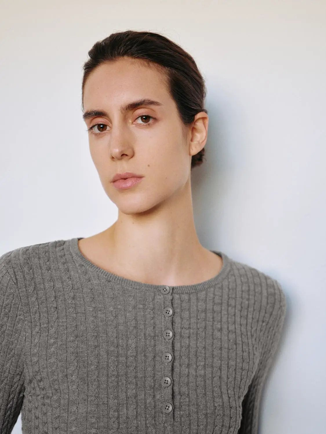 Ribbed Button Placket Crew Neck Fitted Long Sleeve Top