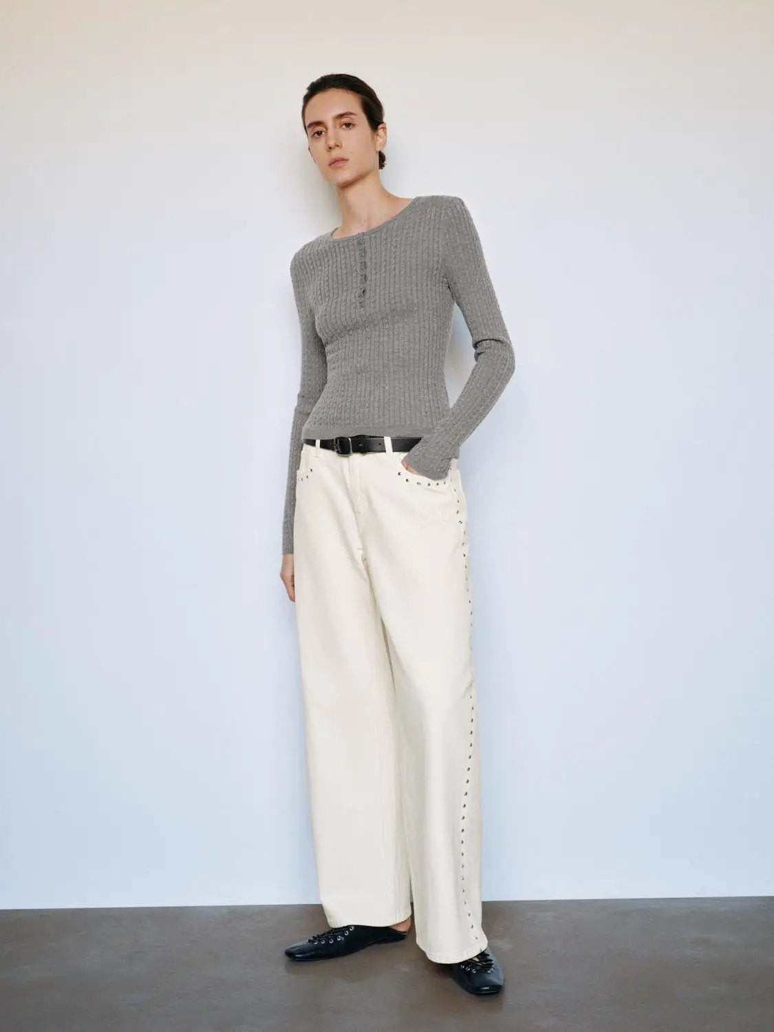 Ribbed Button Placket Crew Neck Fitted Long Sleeve Top