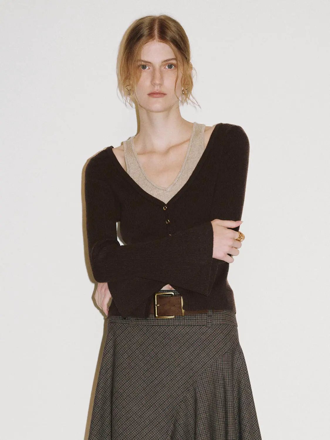Ribbed Button V-neck Long Sleeve Sweater