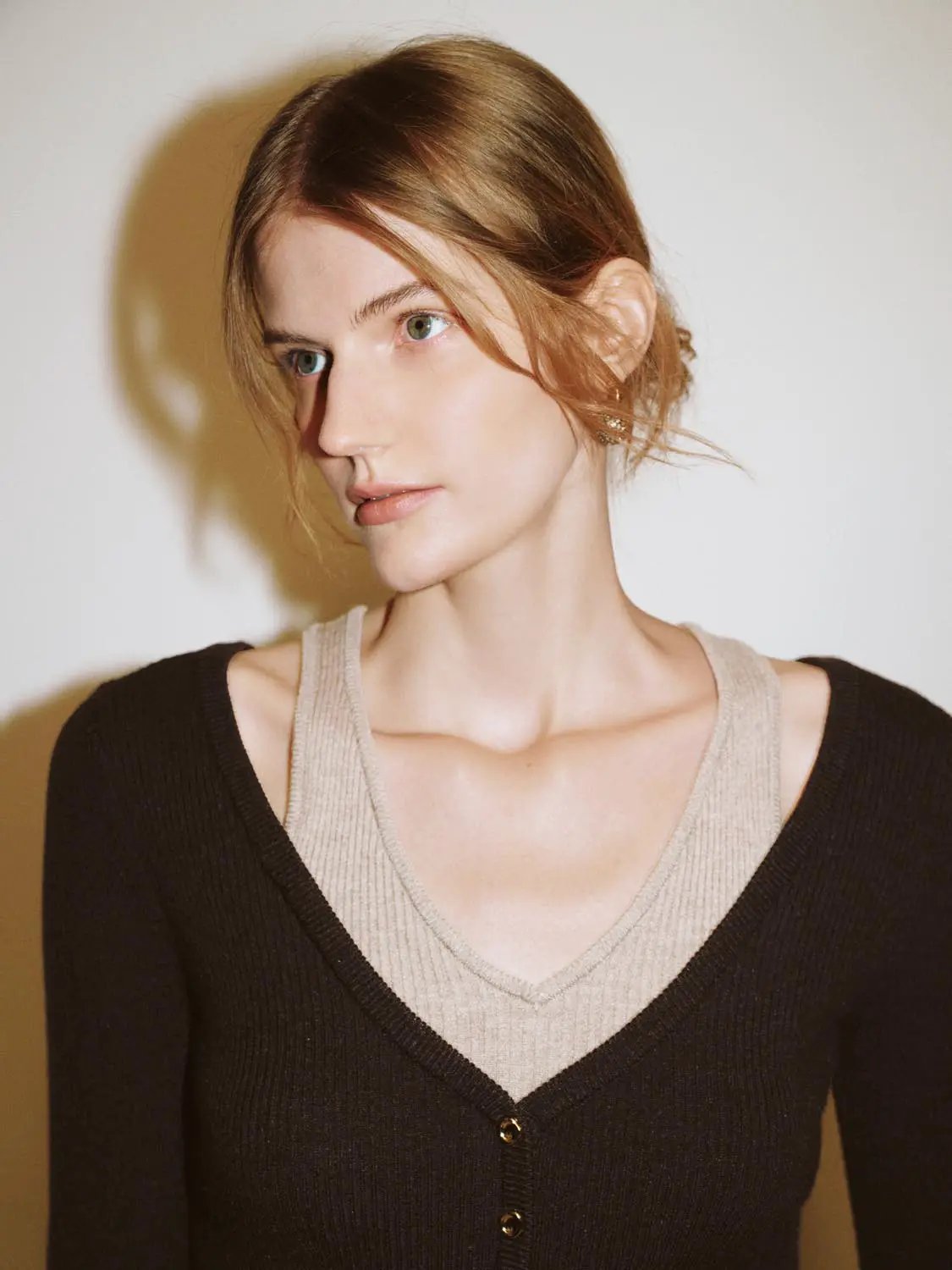 Ribbed Button V-neck Long Sleeve Sweater
