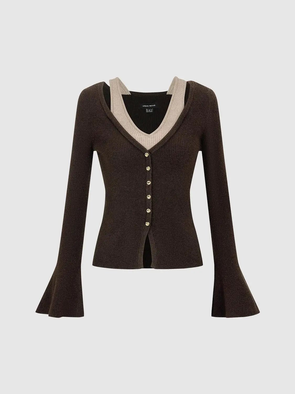 Ribbed Button V-neck Long Sleeve Sweater