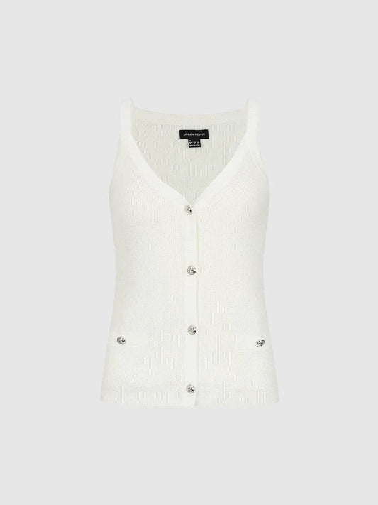Ribbed Button-front V-neck Sleeveless Knit Vest