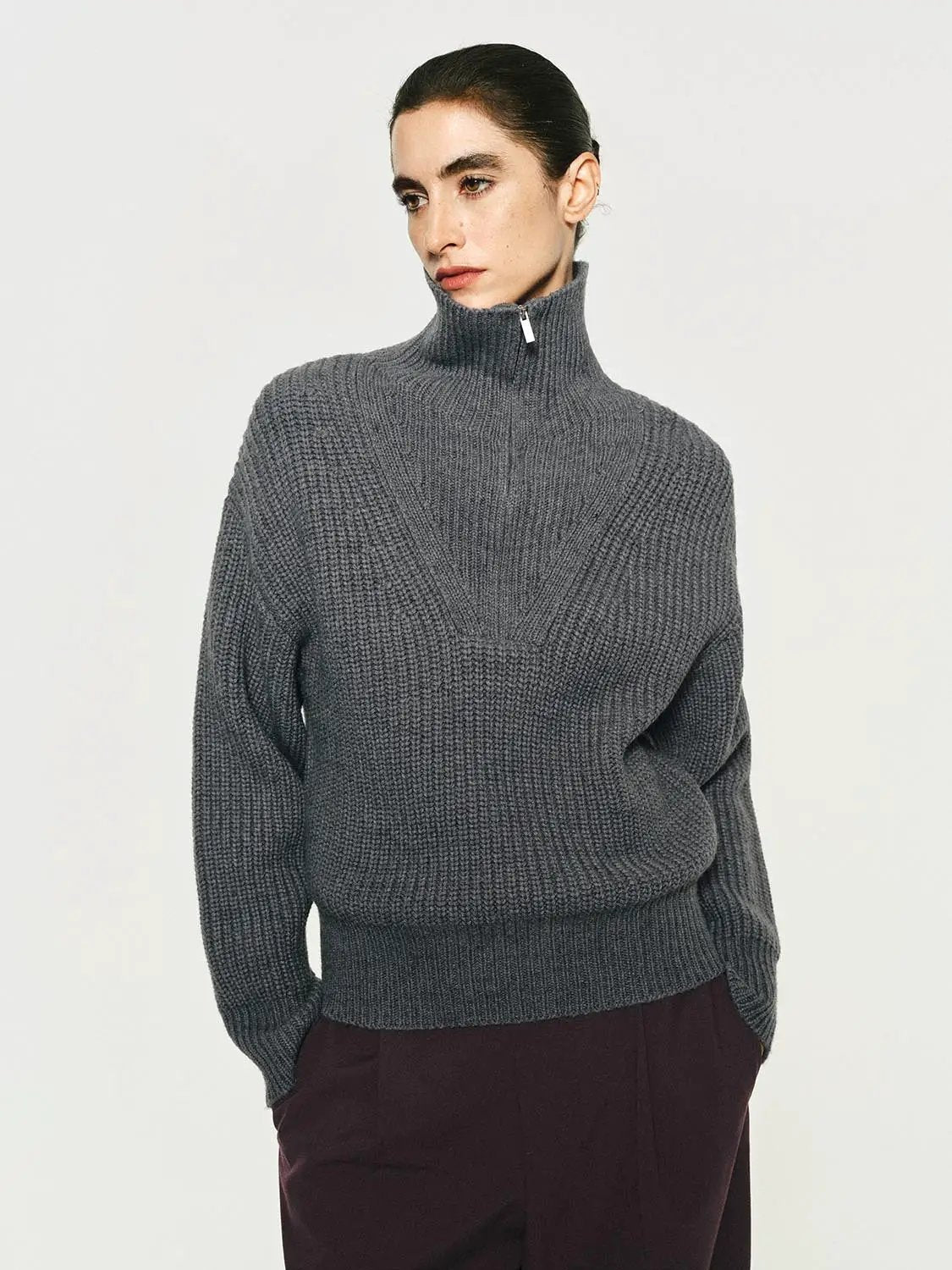 Textured Zip Collar Long Sleeve Knit Sweater