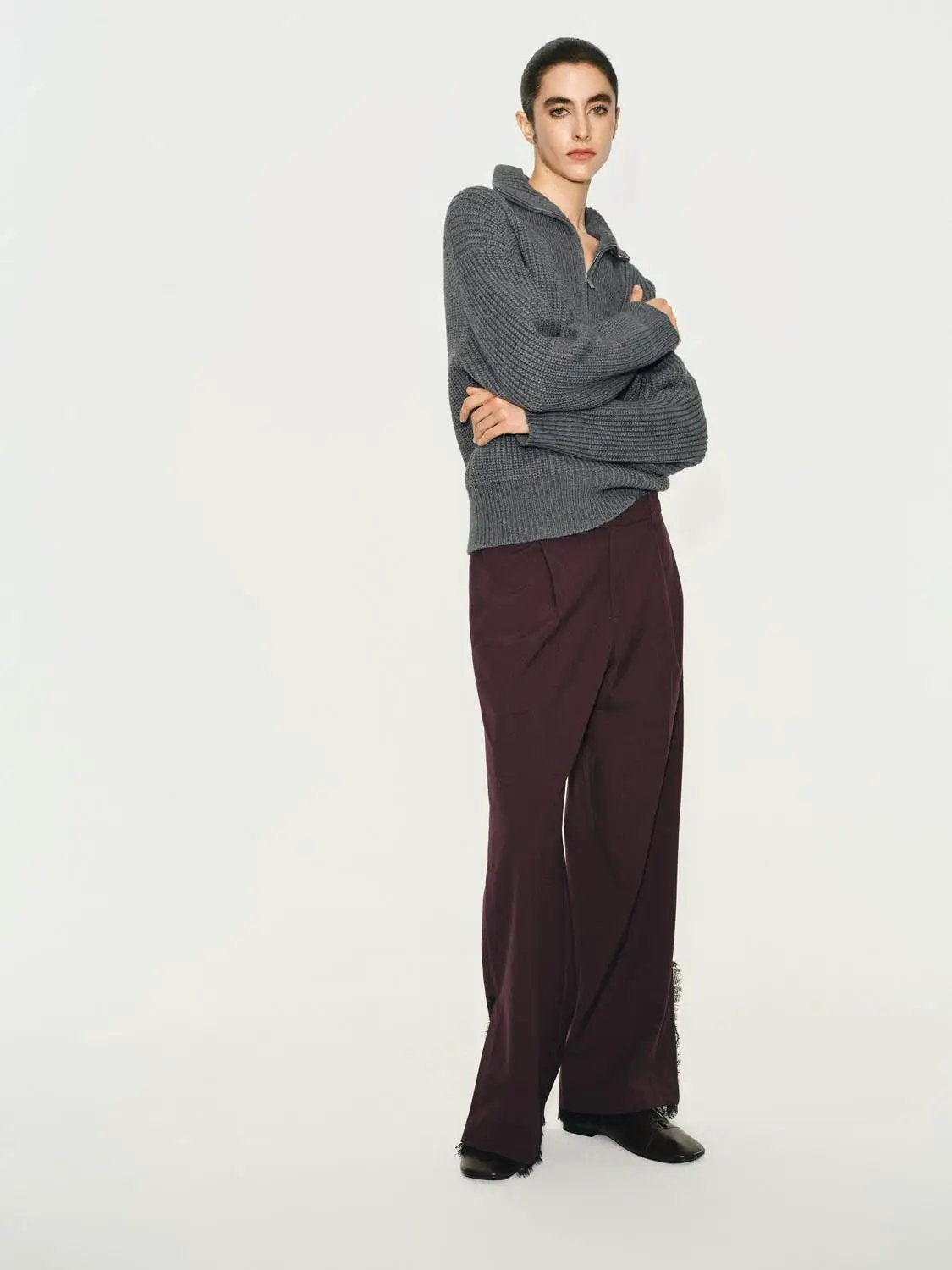 Textured Zip Collar Long Sleeve Knit Sweater