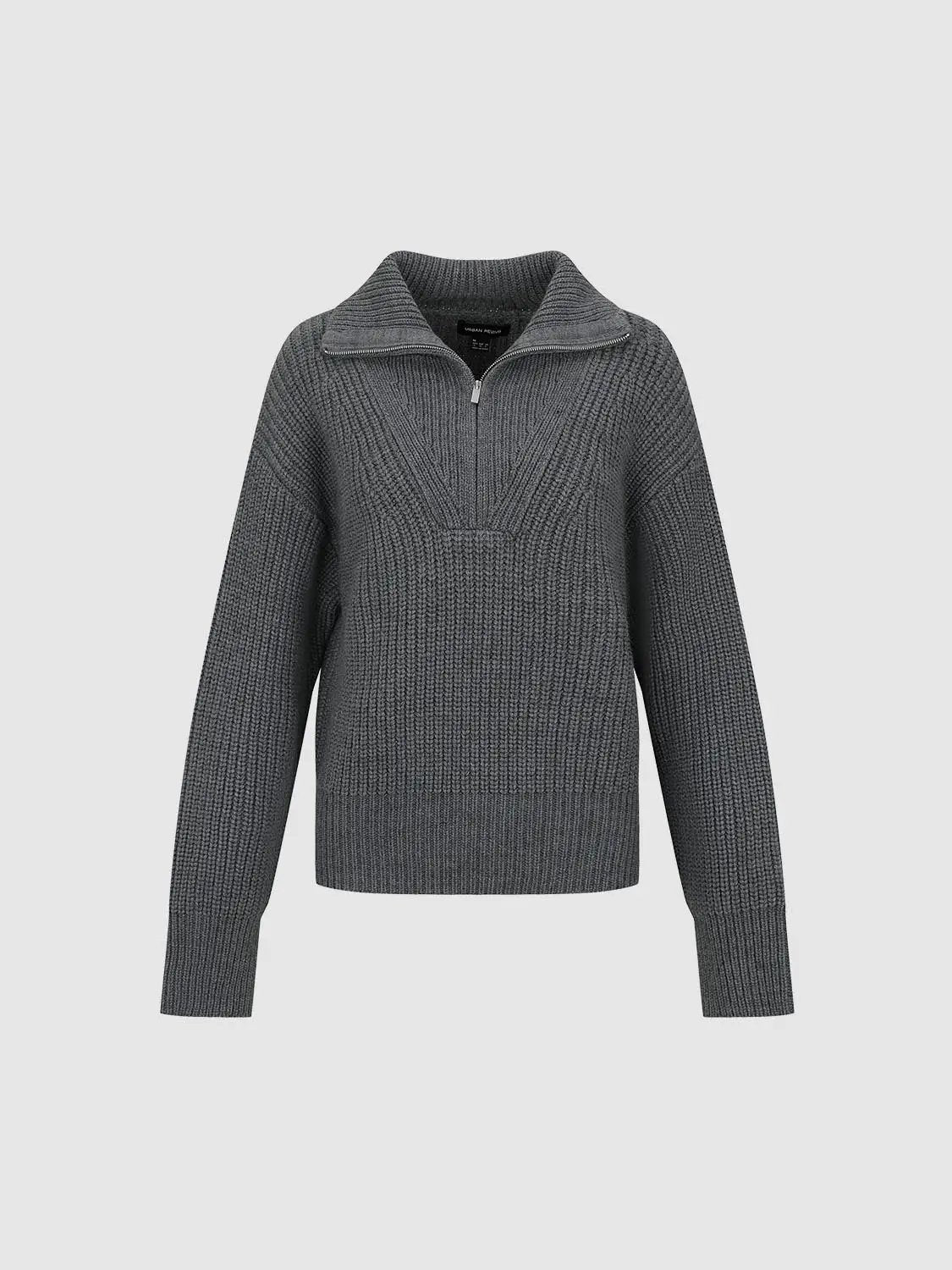 Textured Zip Collar Long Sleeve Knit Sweater