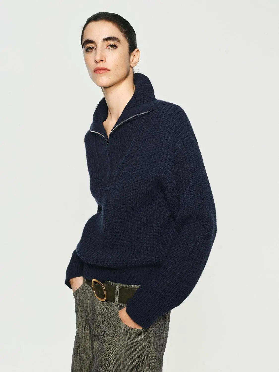 Textured Zip Collar Long Sleeve Knit Sweater