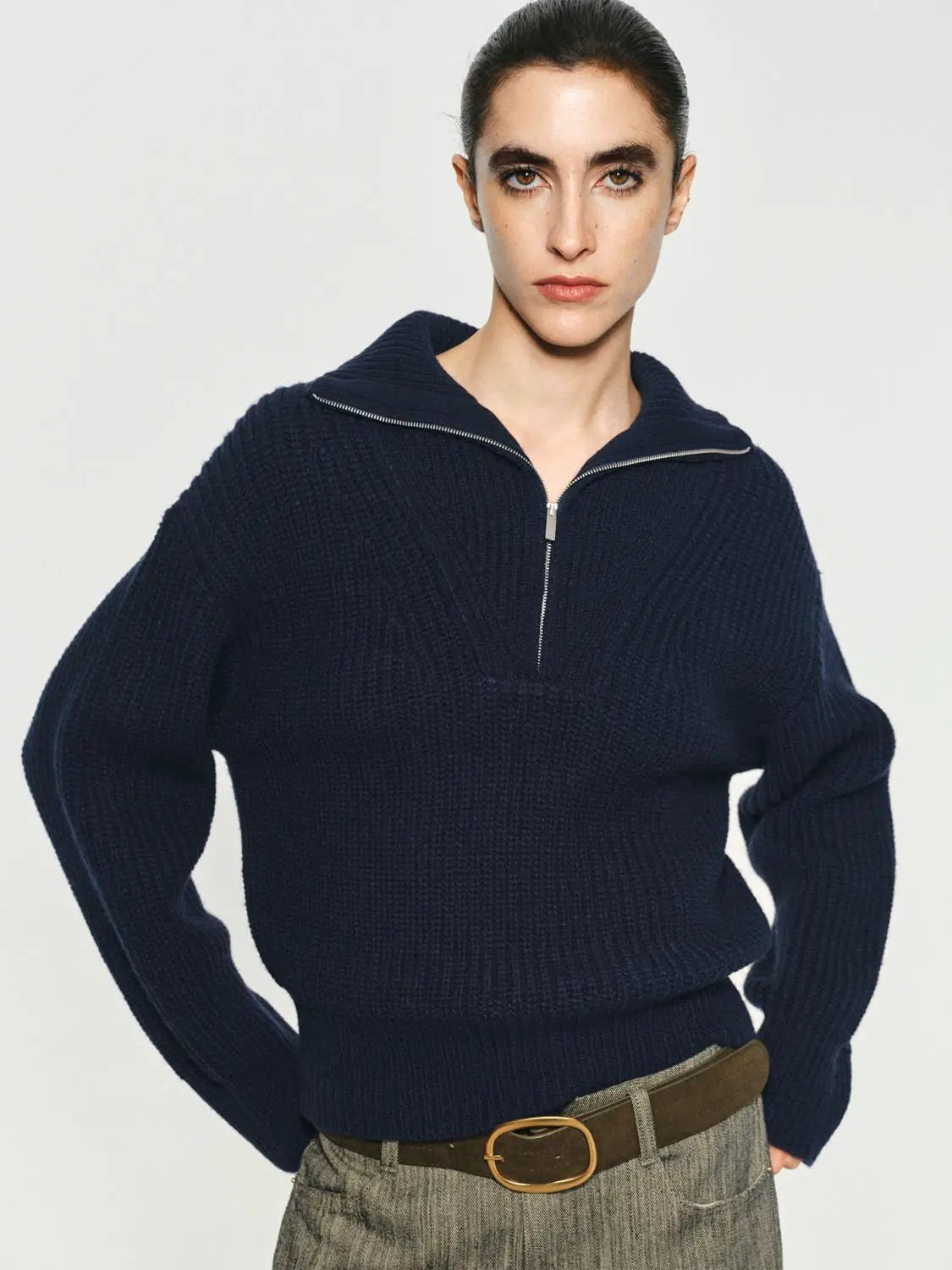 Textured Zip Collar Long Sleeve Knit Sweater