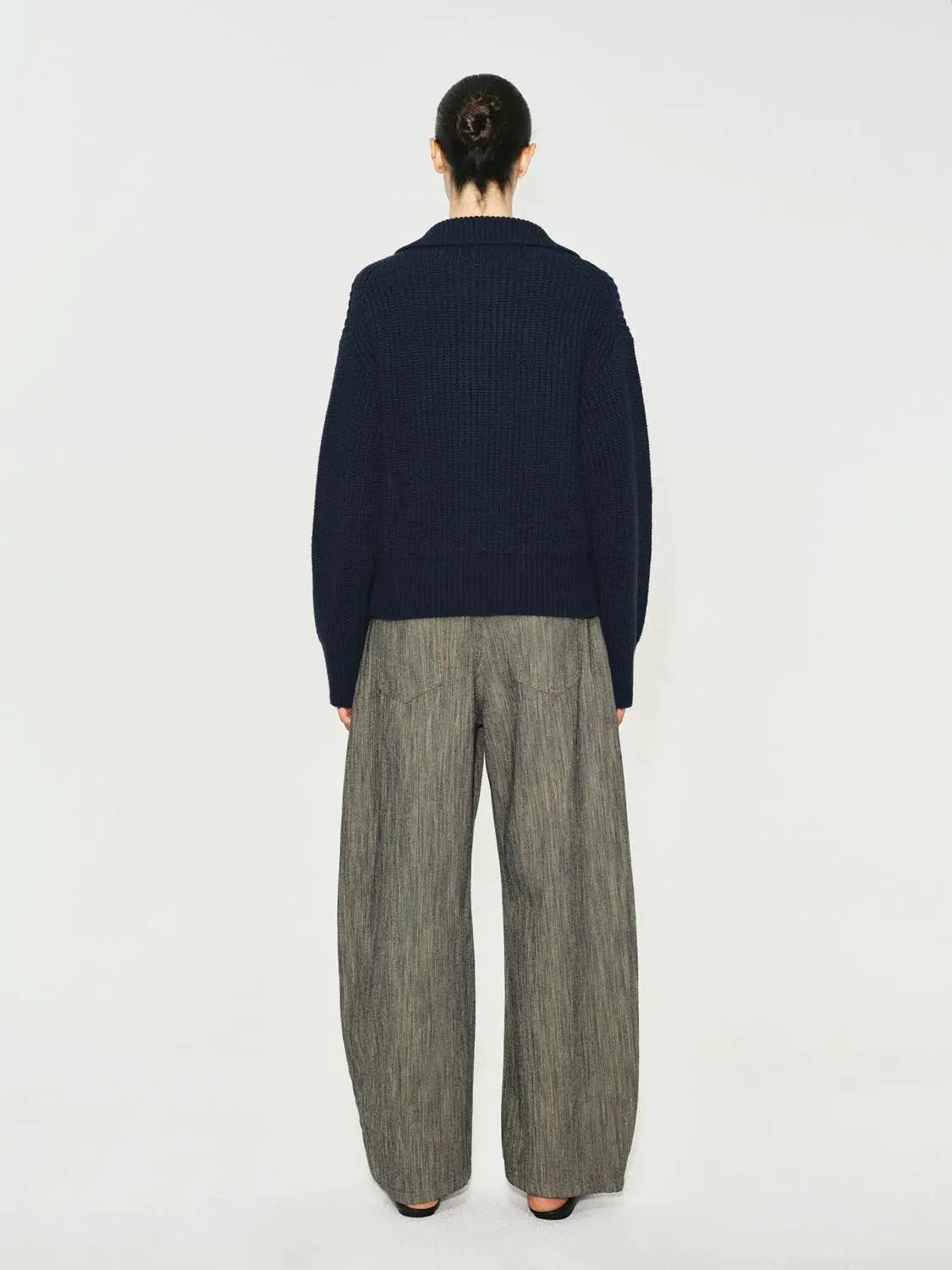 Textured Zip Collar Long Sleeve Knit Sweater