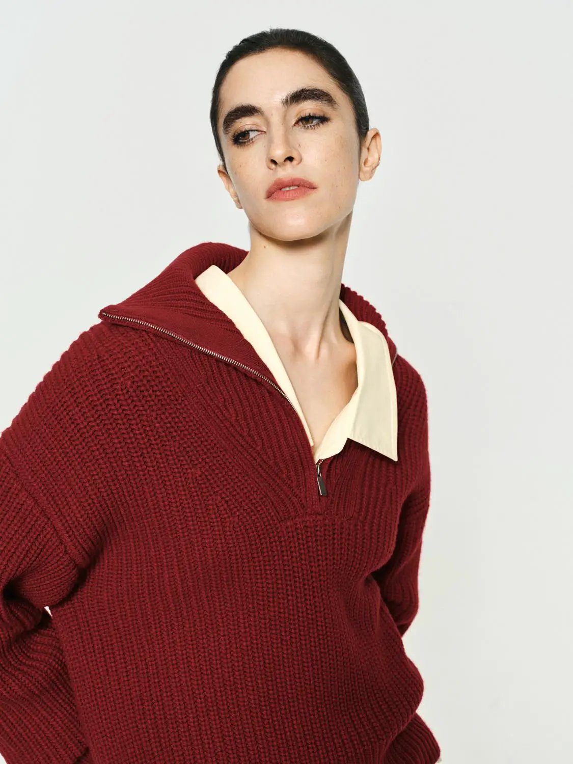 Textured Zip Collar Long Sleeve Knit Sweater