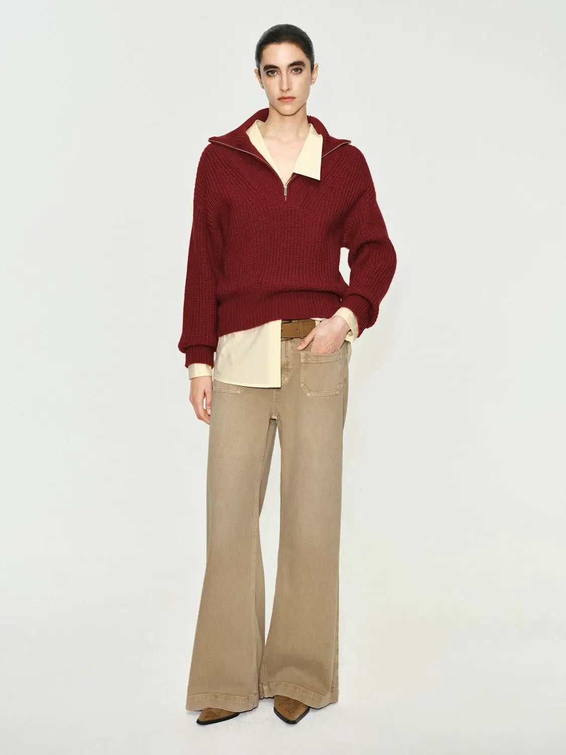 Textured Zip Collar Long Sleeve Knit Sweater
