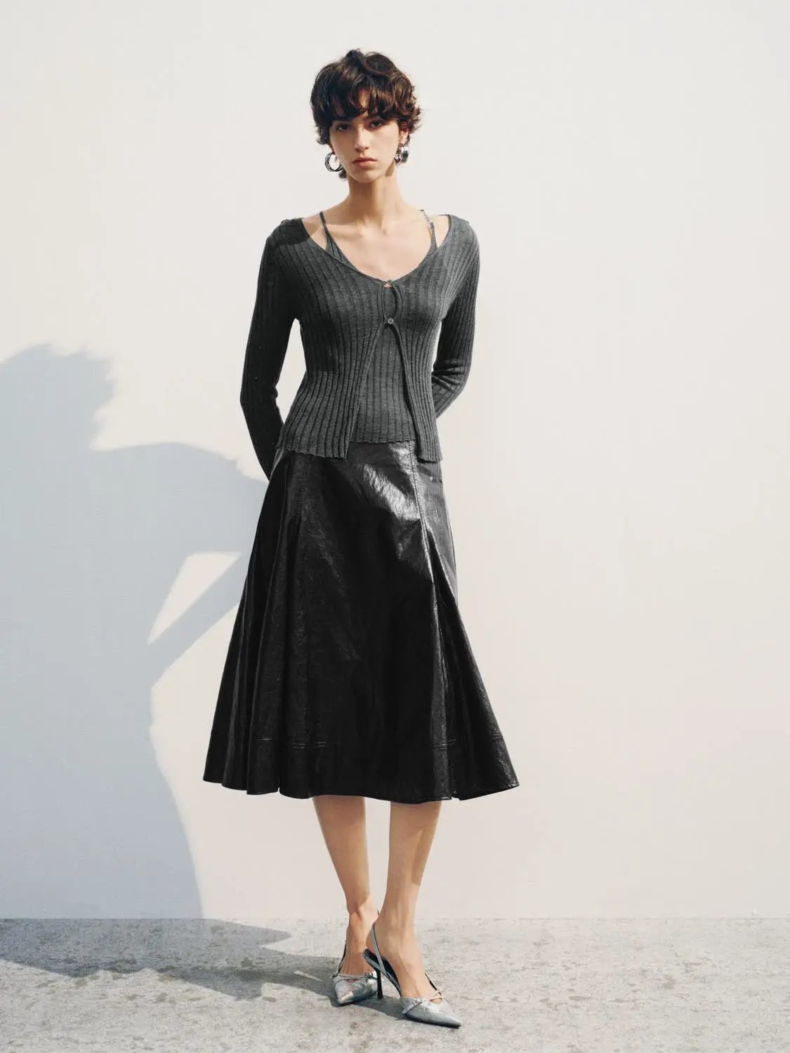 Fitted Ribbed V-neck Button Front Long Sleeve Cardigan